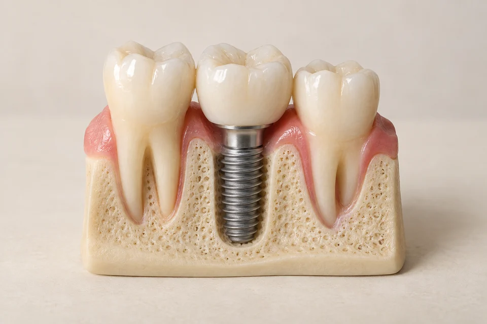 AI-generated illustration: dental implant demonstration model