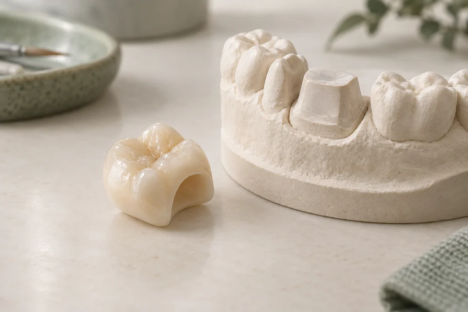 AI-generated illustration: ceramic crown and dental working model